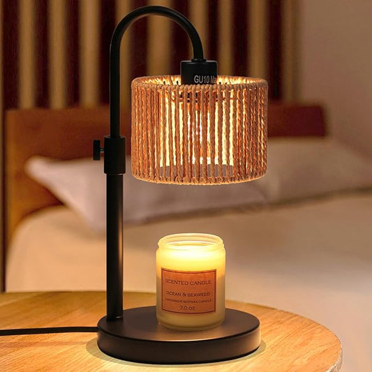 Boho Candle Warmer Lamp, Adjustable Height Candle Wax Warmer with Timer, Candle Lamp for Jar Candles, House Warming Gifts Brithday Gifts for Women Bedroom Home Decor (Rattan)