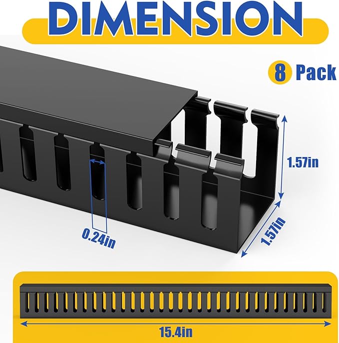 Open Slot Wiring Raceway Cable Duct, 123in Cable Management Channel Cord Track,Desk Wire Channel, Under Desk Cable Management to Hide Cables, Wires for Computers (Black, 1.57" Hx1.57"W, 15.4''L(8 Pc))