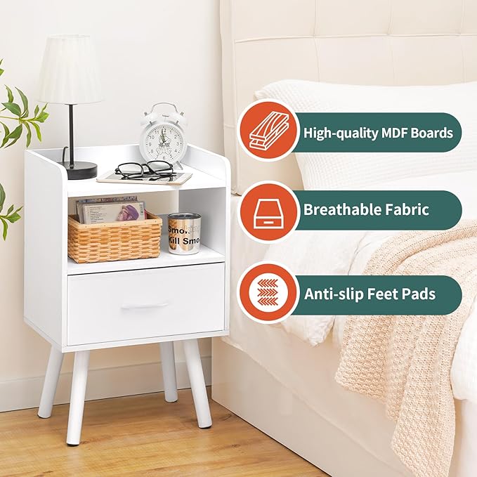 Yoobure Modern Nightstand with Drawer, Bedside Tables, Mid Century Nightstands with Open Storage Shelf, Wood Bedside Table, Small Night Stands for Bedrooms, 2-Tier Night Table