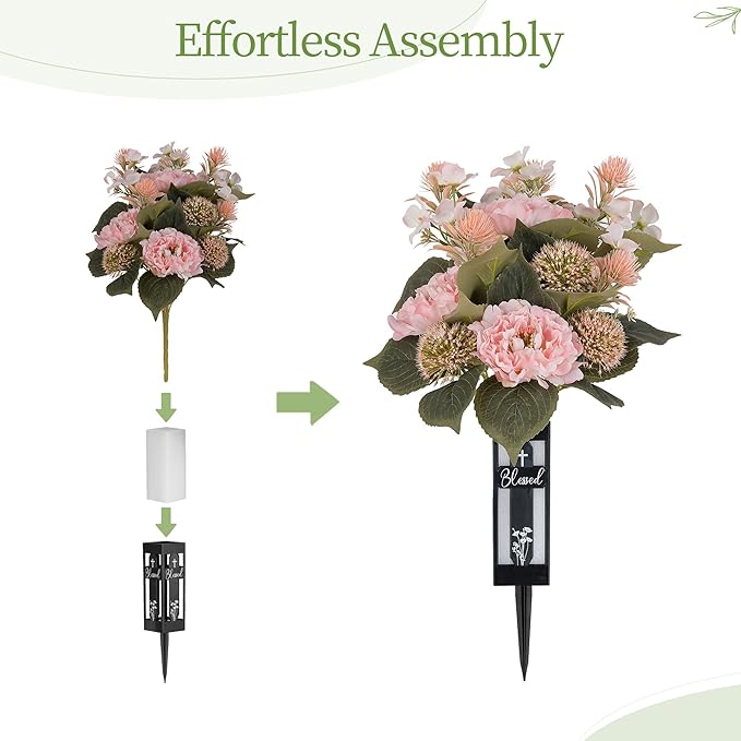 Pink Artificial Flowers for Cemetery : 2 Pcs Peony Grave Flower Bouquets for Cemetery Decorations - Outdoor Gravesite Flowers with Vase