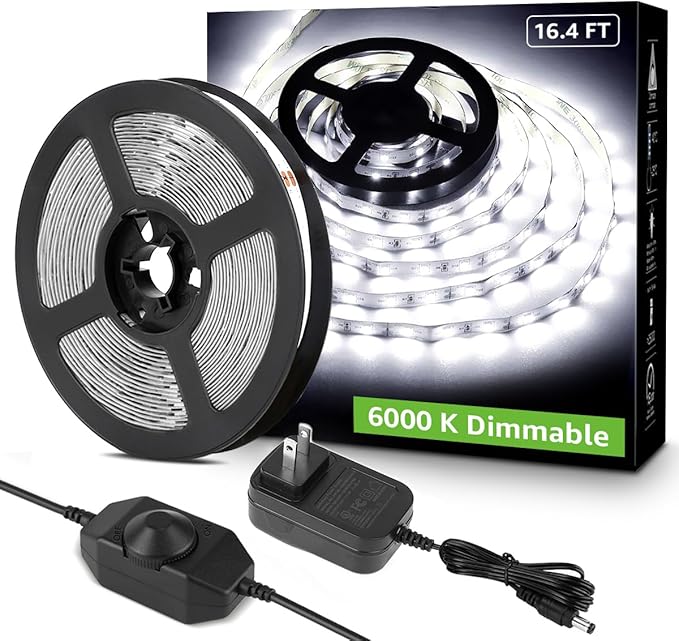 Lepro LED Strip Light White, 16.4ft Dimmable Vanity Lights, 6000K Super Bright LED Tape Lights, 300 LEDs 2835, Strong 3M Adhesive, Suitable for Home, Kitchen, Under Cabinet, Bedroom, Daylight White