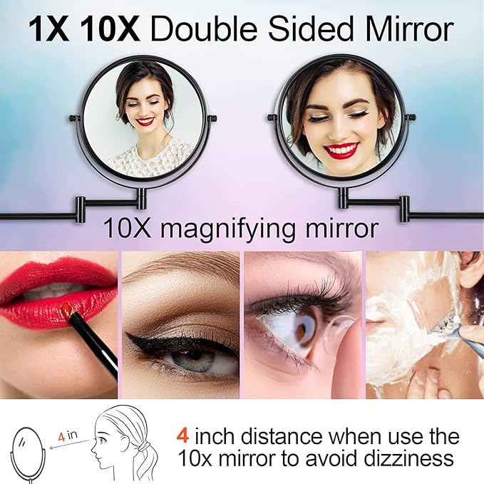 Wall Mounted Magnifying Makeup Mirror with 1X 10X Magnification and Extendable Arm, 8 Inch Double Sided Vanity Mirror for Bathroom, Wall Mirror for Teen Girls, Women, Matte Black