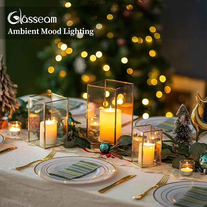 Glasseam Glass Hurricane Candle Holder: Set of 3 Gold Square Candle Holders for Pillar Candles Large for Table Centerpiece Wedding Christmas Decorative