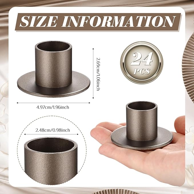 24 Pcs Gunmetal Taper Candle Holders Bulk for Pillar Candles Christmas Metal Short Candlestick Holder Gunmetal Centerpieces Decoration for Christmas Thanksgiving Anniversary Dinner Party