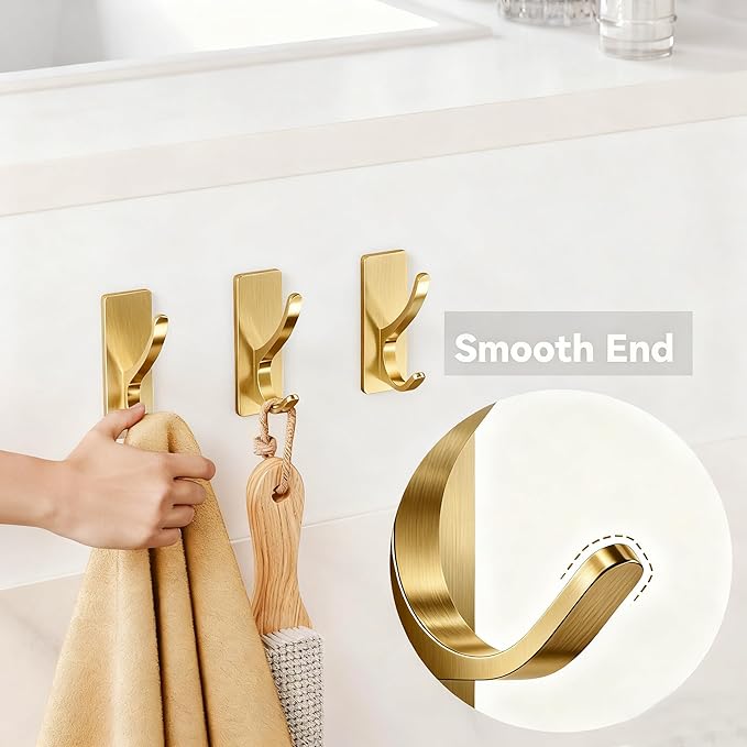 pickpiff Self Adhesive Coat Hooks for Hanging, Heavy Duty Stainless Double Wall Hook for Towel, Backpack, Hat, Sturdy Metal Hanger for Bathroom, Bedroom, Door, Wall Mounted, 4-Pack, Brushed Gold