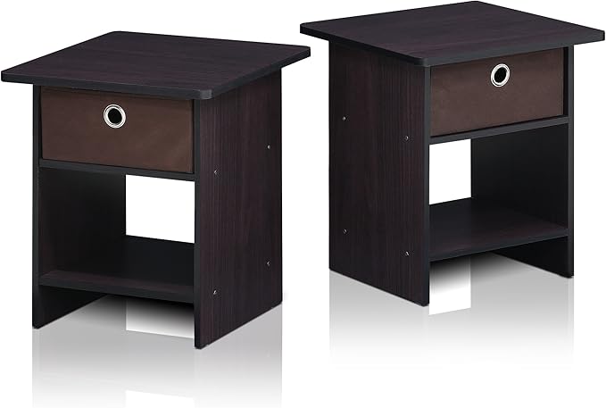 Furinno Dario End Table / Side Table / Night Stand / Bedside Table with Bin Drawer, 2-Pack, Dark Walnut