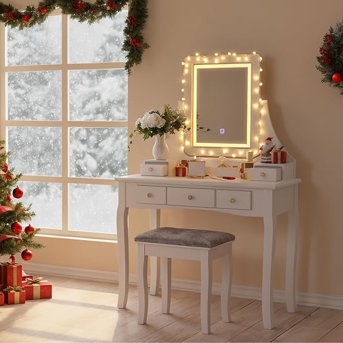 BEWISHOME Vanity Desk, Girls Vanity Set with Mirror and Lights,Small Makeup Vanity Table with 5 Drawer & Stool,Dressing Table with 3 Colors Lighting Adjustable Brightness for Girls White FST07W