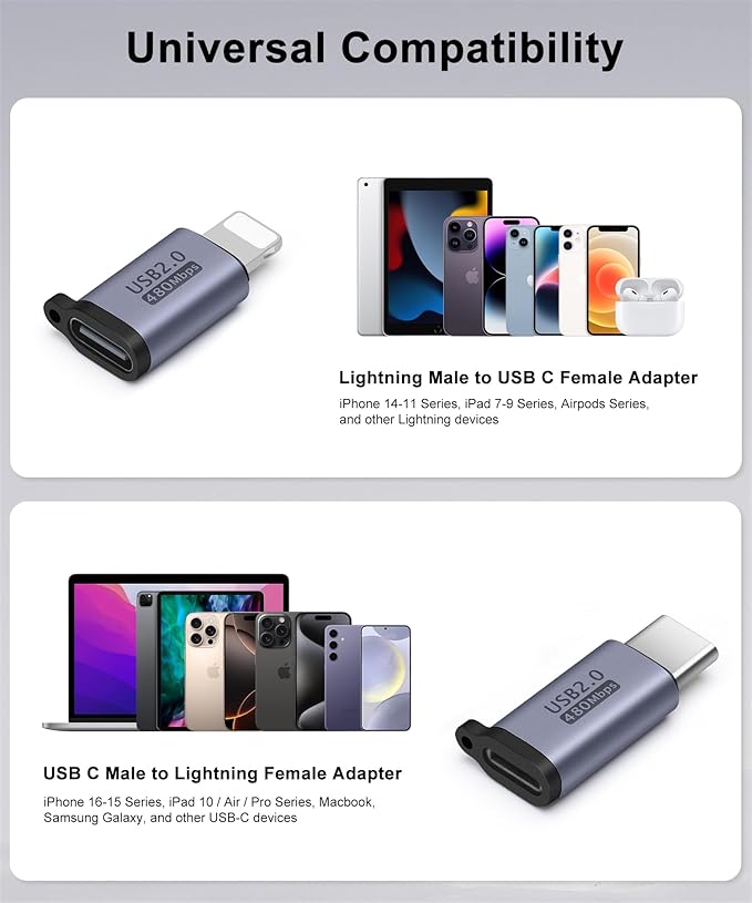 USB-C to Lightning Adapter (2-Pack), Data Transfer and Interface Conversion, Charging - Grey