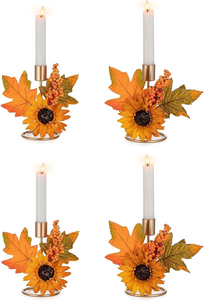 Romadedi Fall Candle Holder for Thanksgiving: Candlestick Holders Decor for Autumn Table Centerpiece Gold Party Decoration Indoor Kitchen Dining Fireplace Mantel Sunflower Maple Leaves Set of 4