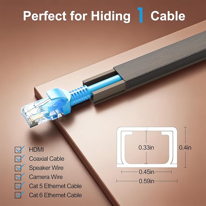Yecaye Cord Hider, 113in Cord Covers for Wires on Wall, One-Cord Cord Organizer, Easy Install Cable Management Kit, Cable Cover Home Office, W0.59in H0.4in, Darkwood