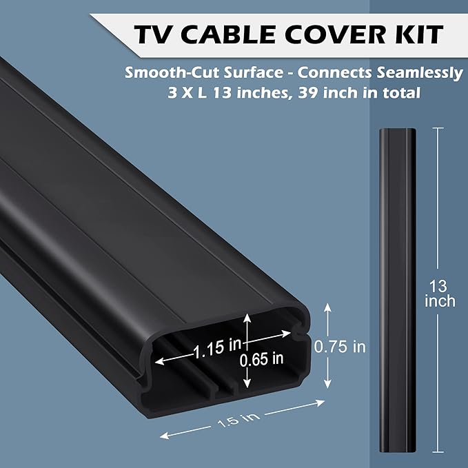 TV Cord Hider - 39in(3xL13in) Cord Covers for Wall Mounted TV Cable Hider Wall Kit | Wire Hiders for TV on Wall, Wire Covers for Cords, Cable Concealer Hide Cords, 1.5" W*0.75" H, Black