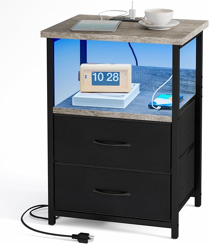 Fixwal Night Stand with Charging Station, LED Nightstand with U-S-B Ports and Outlets, 2 Fabric Storage Drawers with PU Finish, Bed Side Table, French Oak