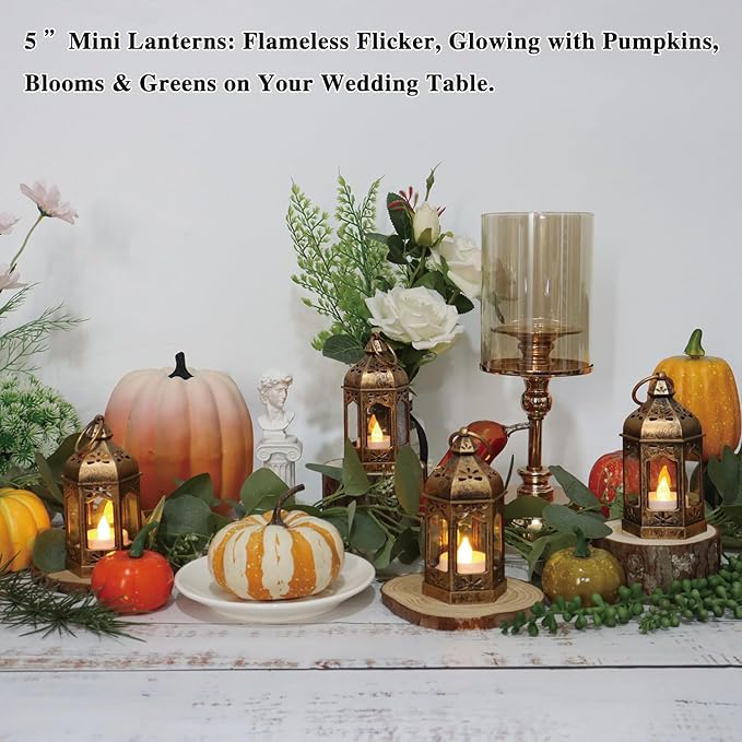 LLQ 8Pcs Mini Lantern with LED Tealight, Vintage Brown Lanterns Decorative, Hanging Candle Lanterns for Ramadan Christmas Wedding Table Centerpiece Indian Diwali Decor, Garden Fairy Party Decorations
