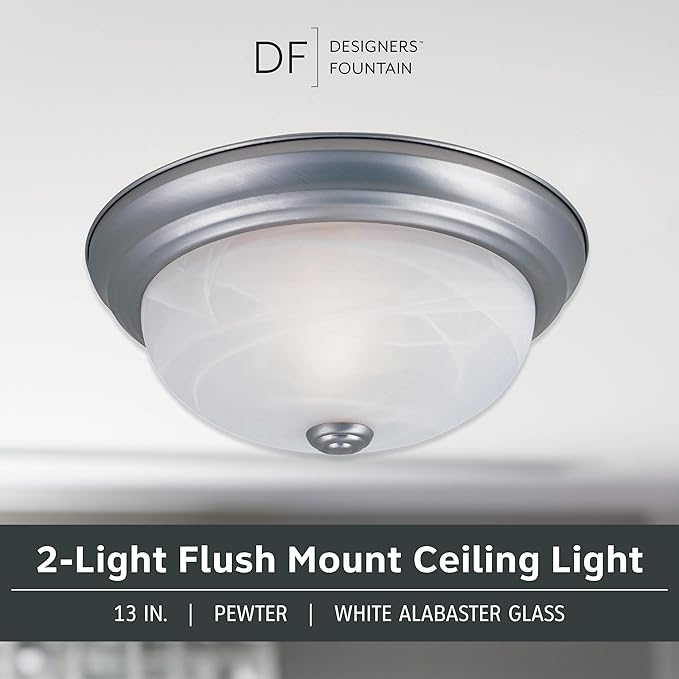 Designers Fountain 13 in 3-Light Flush Mount Ceiling Light, Pewter with Alabaster Glass Shade, 1257M-PW-AL