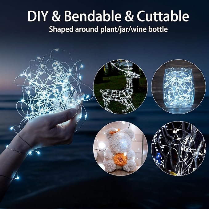 VOOKRY 32 Pcs Fairy Lights Battery Operated String Lights - 10 ft 30 LEDs Waterproof Silver Wire Mini Firefly Starry Moon Lights for DIY Crafts Wedding Party Table Centerpieces Christmas(Cool White)