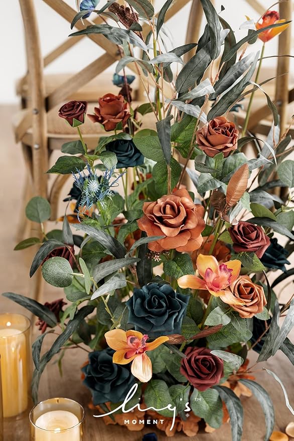 Ling's Moment 41" Tall Fall Free Standing Artificial Flowers Arrangements 2 pcs Wedding Arch Altar Stage Decorations Teal Burnt Orange For Ceremony Reception Church Backdrop Outdoor Aisle Floral Party
