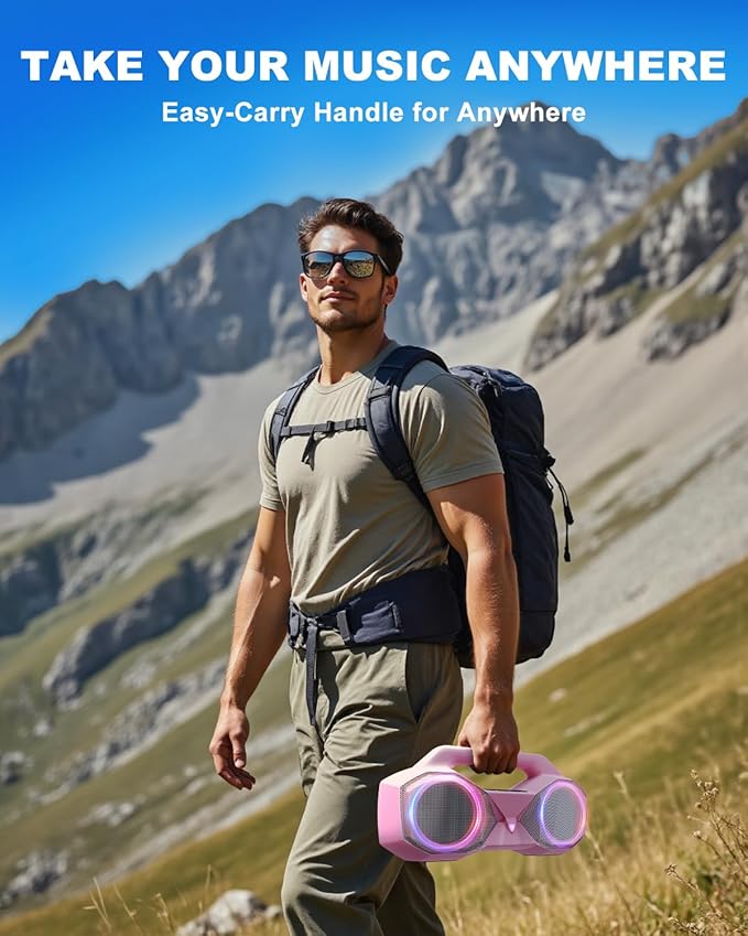 Bluetooth Speaker 80W(Peak)Loud with Bass, 20H Playtime, IPX7 Waterproof, RGB Lights, TWS, Large Portable Wireless Speakers for Outdoor, Home, Party, Pool, Beach, Tailgating, Gym, Work, Gifts (Pink)