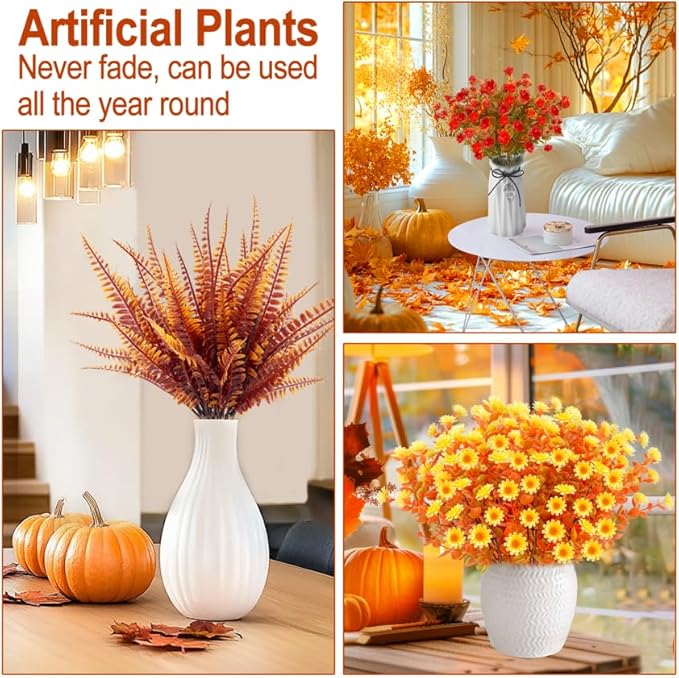20 Bundles Artificial Fall Flowers for Outdoors Fall Thanksgiving Decorations - UV Resistant Fake Mums Faux Fall Plants Plastic Flowers for Gardens Porch Fireplace Patio Home Indoor Autumn Fall Decor