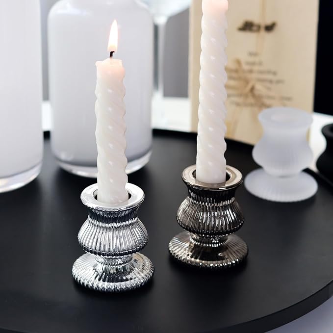 WDHODEC Black White Candlestick Holders 12PCS Glass Taper Candle Holders for Table Centerpiece Colorful Candle Sticks for Wedding, Party and Festival Decoration