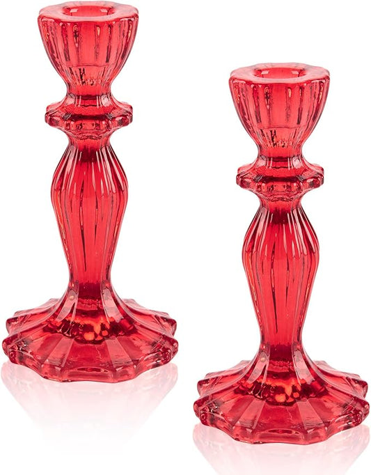 Glass Candle Holders, 2PCS Wide Base Candlestick Holder Decorative Candle Stand Table Centerpieces for Wedding Birthday Halloween Christmas Party, Red