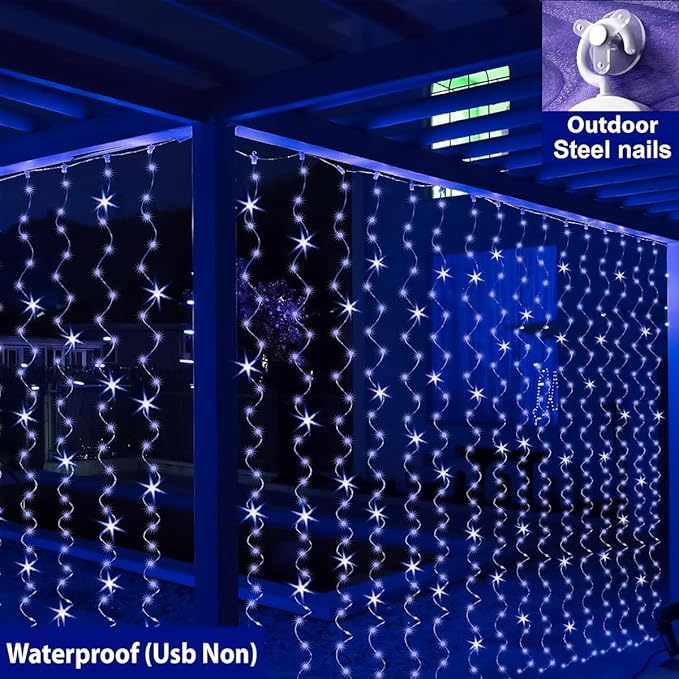 ZSJWL 300 LED Blue Curtain Fairy Lights with Remote, 8 Modes 9.8 × 9.8 Ft Waterproof USB Plug in Copper Wire Lights for Bedroom Window Chrismas Wedding Party