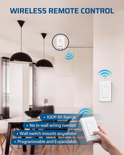 DEWENWILS Wireless Light Switch Kit - No Wiring, 15A High Power, No Wiring, 100FT RF Range, 3 Way Remote Control Wall Switches for Lamps, Ceiling Lights, Fans, 1 Transmitter+1 Receiver