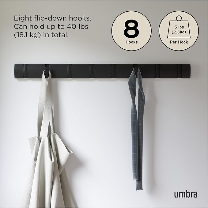 Umbra Flip 8 Hook Wall Mounted Coat Rack, Black