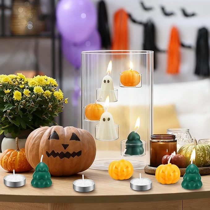 Christmas Glass Hurricane Candle Holder with 18 Pcs Tree Pumpkin Ghost Candles and 5 Tea Light Cylinder Pillar Candle Holder for Xmas Thanksgiving Halloween Table Centerpiece Decorations