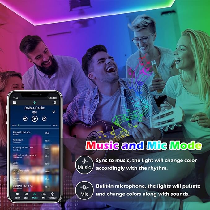 Led Strip Lights,Long Smart Led Light Strips Music Sync 5050 RGB Color Changing Rope Lights,Bluetooth APP/IR Remote/Switch Box Control Led Lights for Bedroom,Home Decoration,Party,Festival (200FT)
