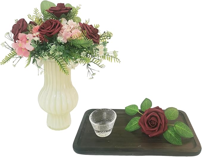 Artificial Flowers 25pcs Fake Roses, Burgundy Foam Rose Faux Flower for DIY Wedding Bouquets Bridal Shower Centerpieces Floral Arrangements Home Decorations Party Backdrops Table
