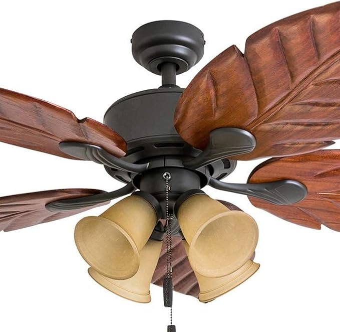 Honeywell Ceiling Fans Royal Palm, 52 Inch Tropical LED Ceiling Fan with Light, Pull Chain, Three Mounting Options, Hand Carved Solid Wood Blades - Model 50503-01 (Bronze)