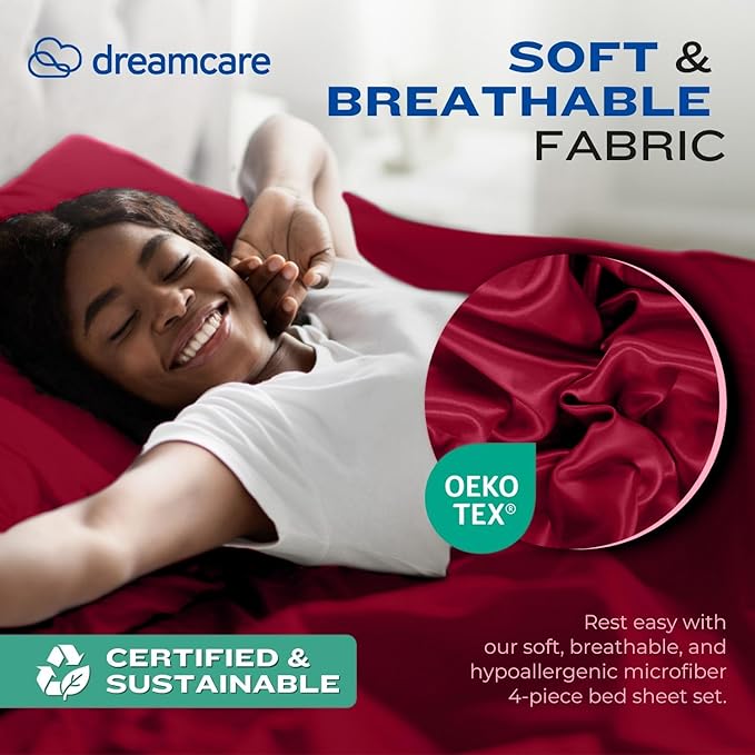 DREAMCARE Twin XL Sheet Sets - 4pc Cooling Sheets XL Twin Sheets - up to 21” Deep Pocket – Hotel Luxury Extra Long Twin XL Bed Sheets 100% Brushed Microfiber with Side Pocket - Burgundy