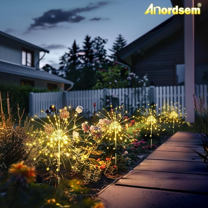 Anordsem Solar Fireworks Lights Outdoor: 4 Bendable Copper Wire 120 LEDs String Lighting - Waterproof DIY Warm Decoration for Yard Garden Proch - Gardening Gifts for Garden Lovers