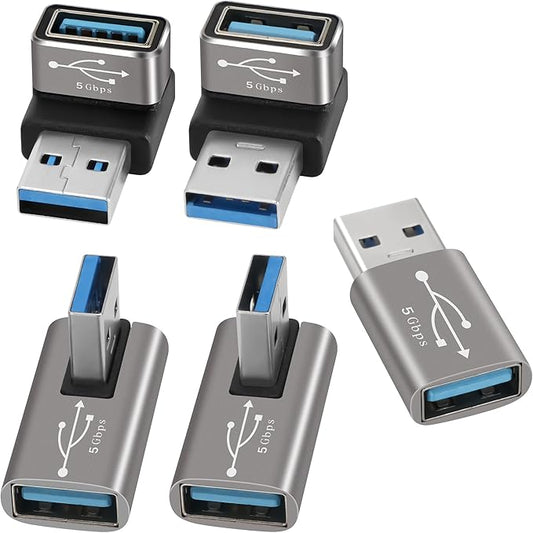 Angle USB 3.0 Adapter 5 Pack, Multiple Angles(UP/Down/Left/Right/Straight),USB A Male to Female Connector Converter USB L Shape Extender, Support Charge & Data Sync for PC, Laptop, Mouse, Keyboard
