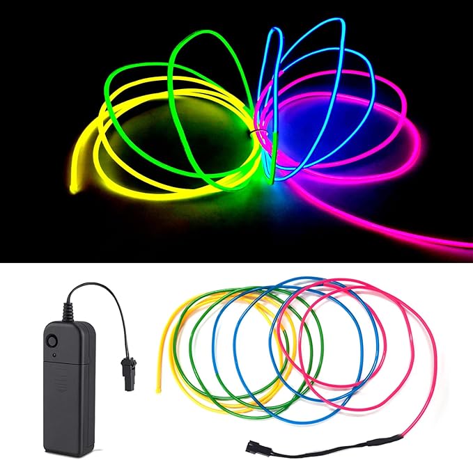 MaxLax EL Wire Mutilcolor, 9.8ft/3m Portable Battery Pack Neon Light Strip 360° Cuttable Glowing Rope Lights for Parties, Halloween, DIY Decoration