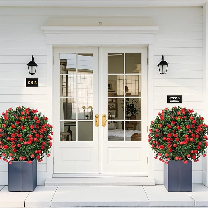 Artificial Boxwood Topiary Ball Trees with Red Rose, 2 Set of 16'' UV Resistant Fake Evergreen Shrubs Bushes Plants with Ground Spike Fake Plants for Outdoor Indoor Front Porch Garden