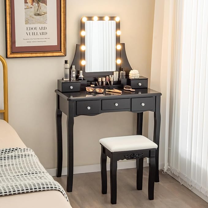 CHARMAID Vanity Desk with Mirror and Lights, Makeup Vanity Table with 5 Storage Drawers, 3 Color Lighting Modes, Adjustable Brightness, Modern Bedroom Dressing Table with Vanity Stool, Black