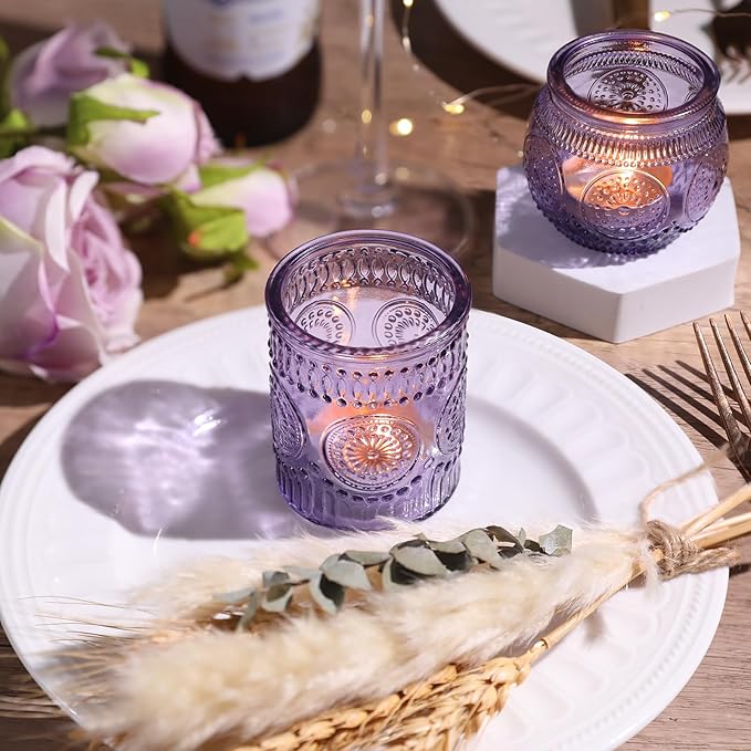 12pcs Assorted Purple Votive Candle Holders for Party Decorations, Lavender TeaLight Candle Holder for Bridal Shower, Baby Shower Decrations, Boho Tea Party Purple Decor, Purple Gifts for Women