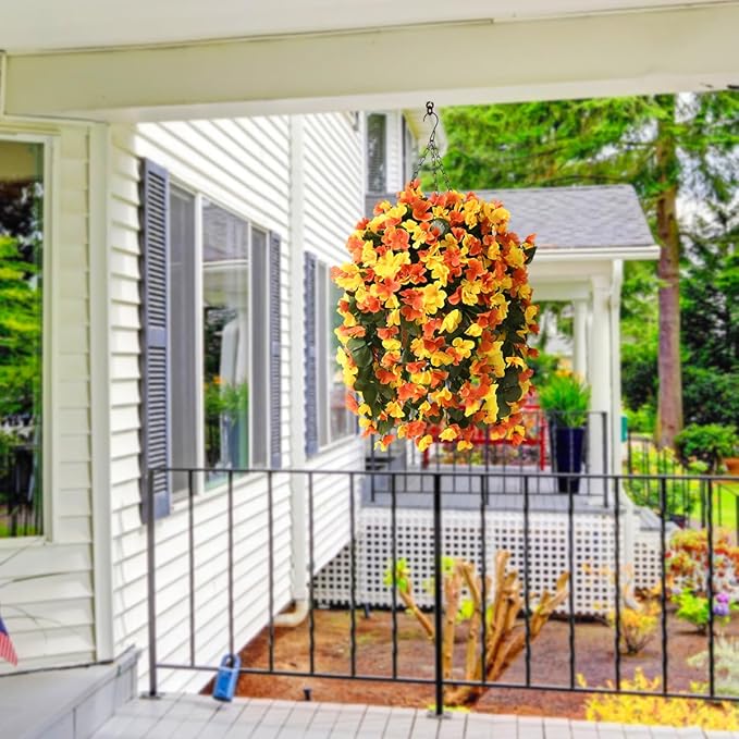 Artificial Hanging Flowers Basket for Fall Autumn Outdoor Decor,Faux Silk Begonia in Planter Look Real UV Resistant for Porch Home Patio Garden Yard Decoration