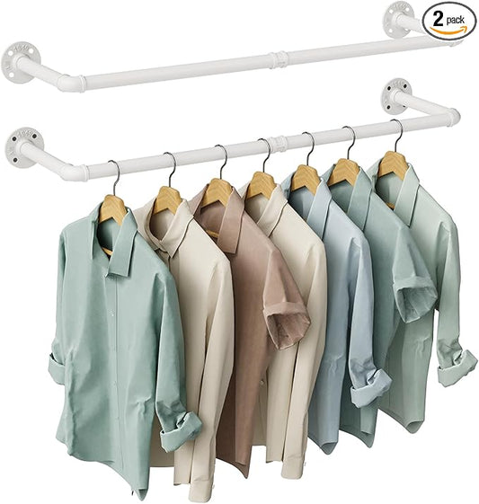 OROPY Industrial Pipe Clothes Rack Wall Mounted Set of 2, 38.4 inches Heavy Duty Iron Pipe Clothing Garment Rail, Multi-Purpose Clothing Hanging Rod for Laundry Room and Closet Storage, White