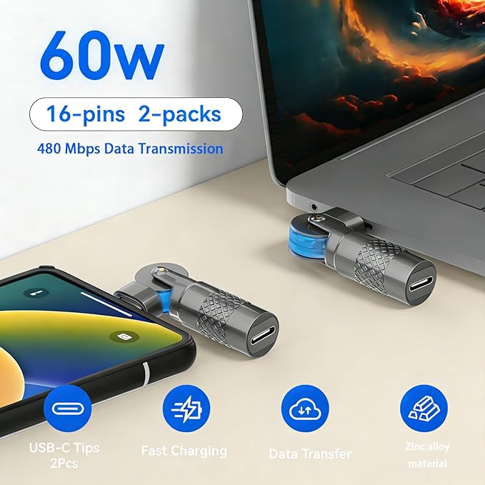 USB C Adapter (2-Pack), PD 60W USB C 90 Degree Adapter, USB C Right Angle Adapter,for Phone 17/16/15, MacBook Pro/Pad Series, Samsung Galaxy, Tablet, Laptop