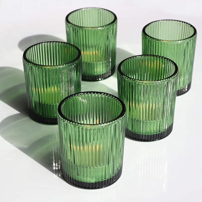 VOHO Votive Candle Holders Set of 24, Green Candle Holder for Tealight & Votive Candles, Vintage Ribbed Glass Tea Lights Candle Holder for Home & Christmas Decorations