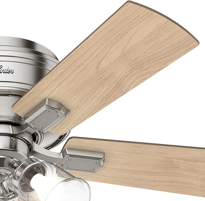 Hunter 42 inch Indoor Ceiling Fan with LED Lights and Pull Chain - Low Profile Mount Ceiling Fan, 5 Blades, For Bedroom, Living Room, or Kitchen, Quiet - Crestfield 52154, Brushed Nickel