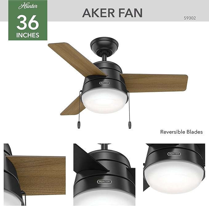 Hunter Fan Company 59302 Hunter 36" Aker Ceiling Fan with Light, Matte Black Finish, Hunter Fan