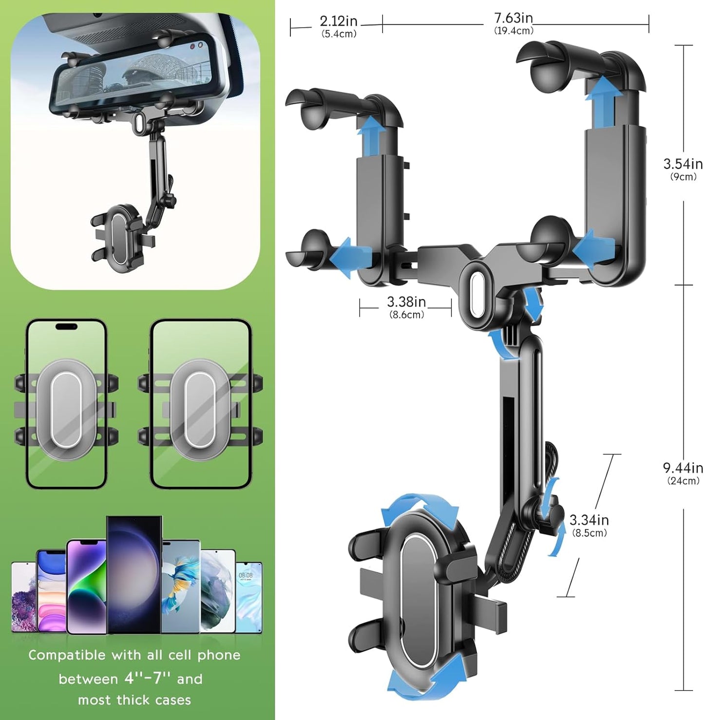 Rear View Mirror Phone Holder For Car - Multifunctional 360 Rotatable Holder with Retractable Curved Handle for All