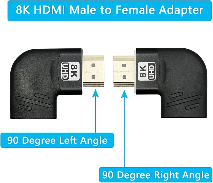 2Pcs Right Angle 8K HDMI Adapter, Left Angle HDMI Male to Female Connector, Gold Plated, Supporting 8K@60Hz, 4K@120Hz, Suitable for Laptops, PC, Projectors, etc