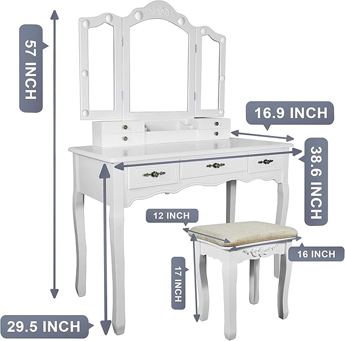ENSTVER Vintage Vanity Desk with Mirror and Lights, Tri-Folding Mirrors, 6 Organization 7 Drawers Makeup Dress Vanity Table with Cushioned Stool-White