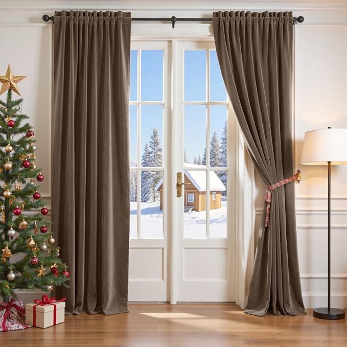 Lazzzy Velvet Blackout Curtains Thermal Insulated Room Window Drapes Super Soft Luxury Curtains for Living Room Bedroom Rod Pocket 2 Panels, Truffle, 52" W x 90" L