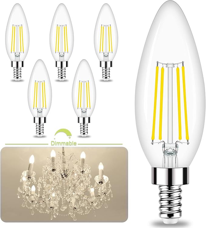 Honesorn E12 Led Bulbs, 4W(60W Equivalent Candelabra Led Light Bulbs, 4000K Natural White Chandelier Light Bulbs, 600LM Clear Glass C35 Light Bulbs with Filament, Dimmable Candle Light Bulbs Pack of 6