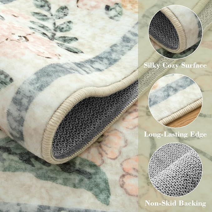 Wonnitar Large Rugs for Living Room, Soft Washable Floral 9x12 Area Rug for Bedroom, Boho Non-Shedding Foldable Carpet for Kids Playroom Apartment Home Decor